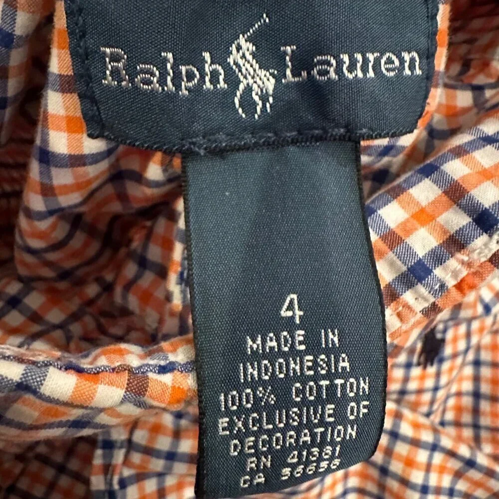 RALPH LAUREN BOYS ORANGE AND BLUE LONG SLEEVE BUTTON UP SHIRT SIZE 4